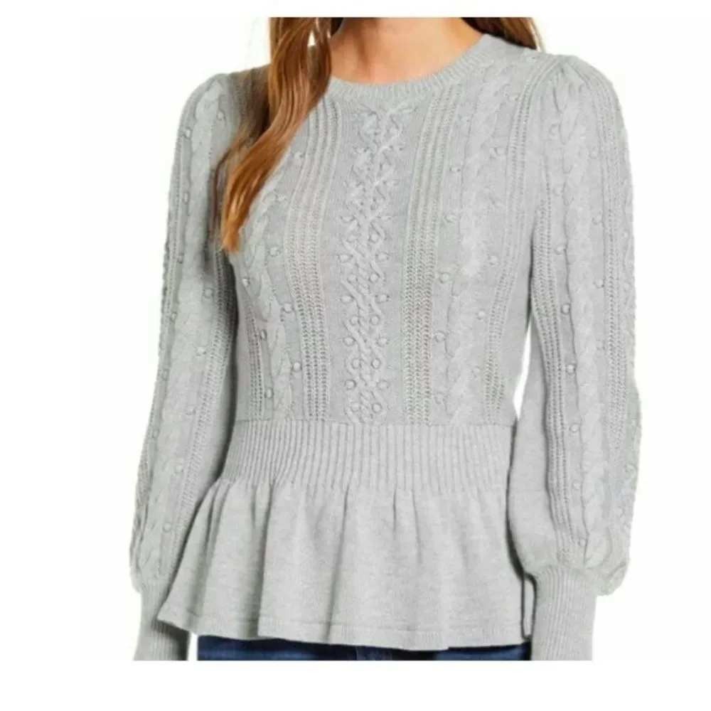Rachel Parcell Cable Knit Peplum Sweater Women L Gray Puff Sleeve Bobble Cute